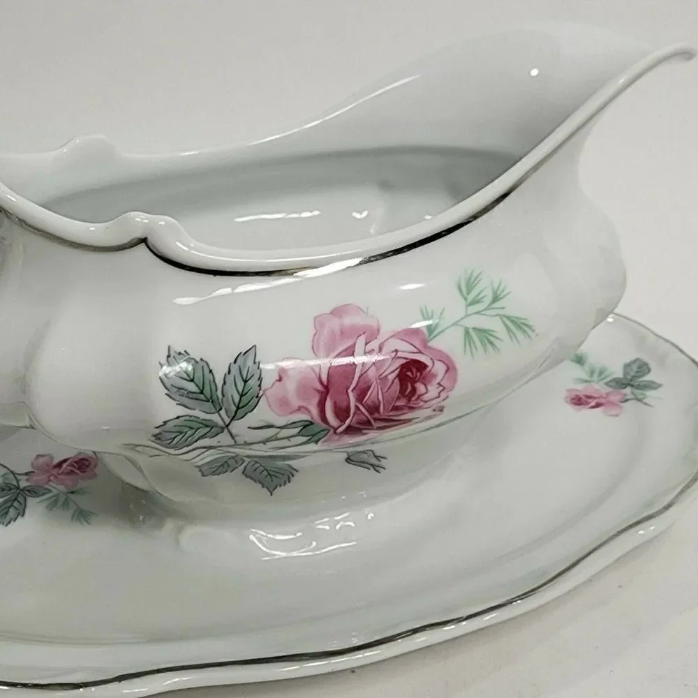 Home‎ Arts ENCHANTED ROSE Pink Gravy Boat with Attached Underplate Germany